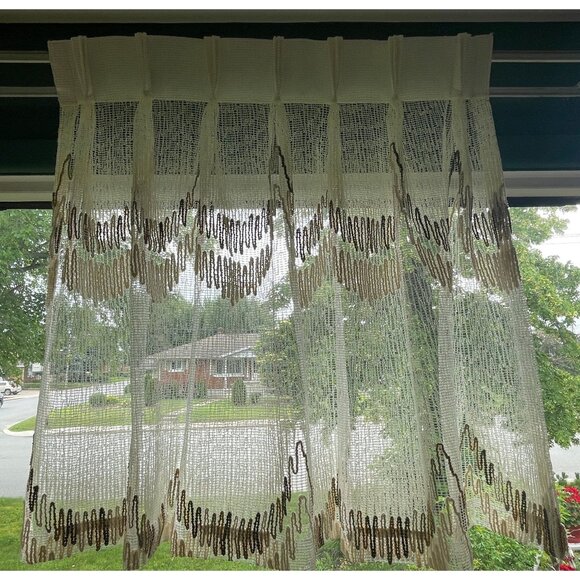 Vintage 1980s curtain, beige, brown wavy ombre, short single pleated panel - Picture 2 of 10